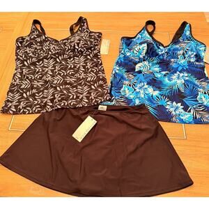 Set of 3 NWT Your Best Look Swimsuit 20W - 2 Tops / 1 Skirt Black Blue Floral